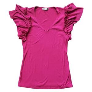 Dorose Ruffled Flutter Sleeve Deep V-Neck Pink Ribbed Top Small